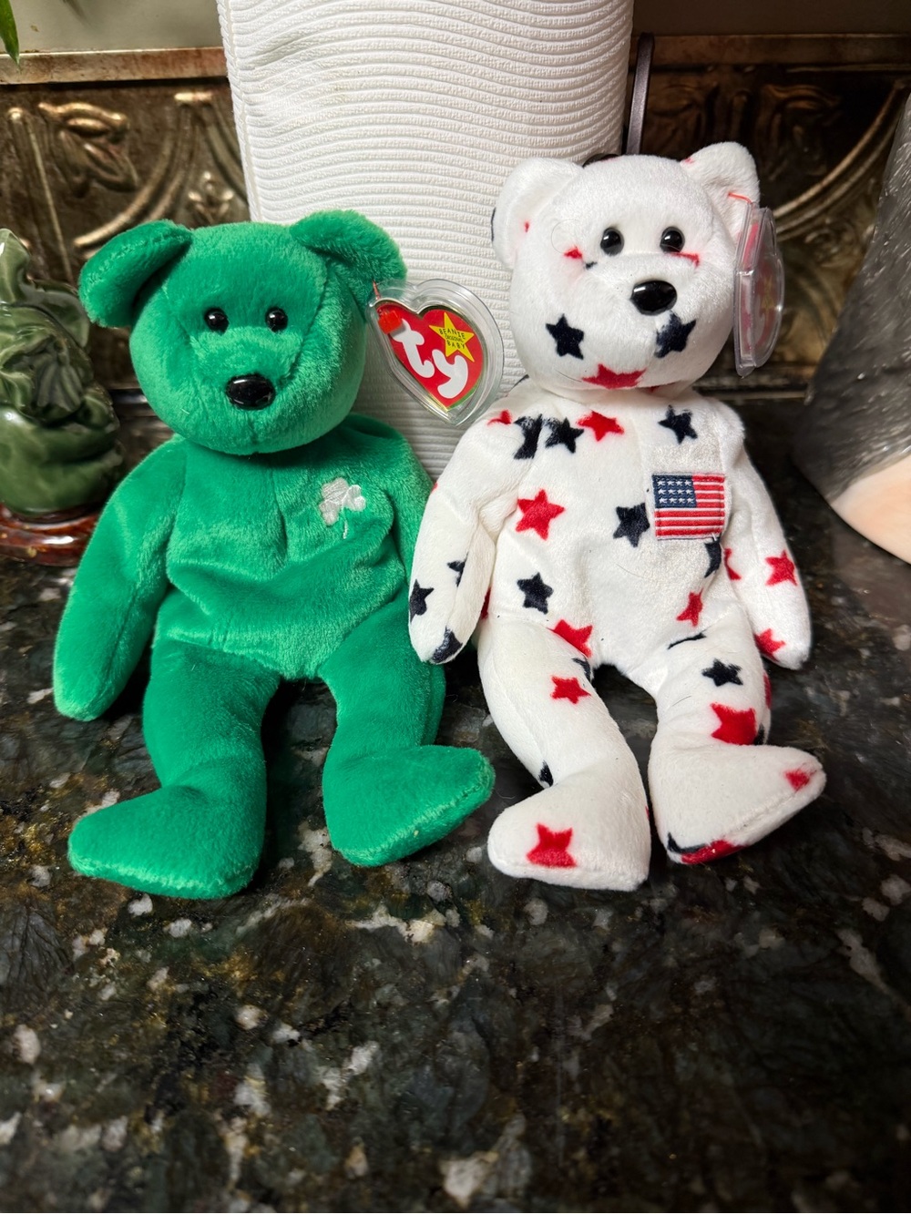 Ty Beanie Babies Erin  Shamrock Bear & Patriotic Star Glory Bear Plush Set